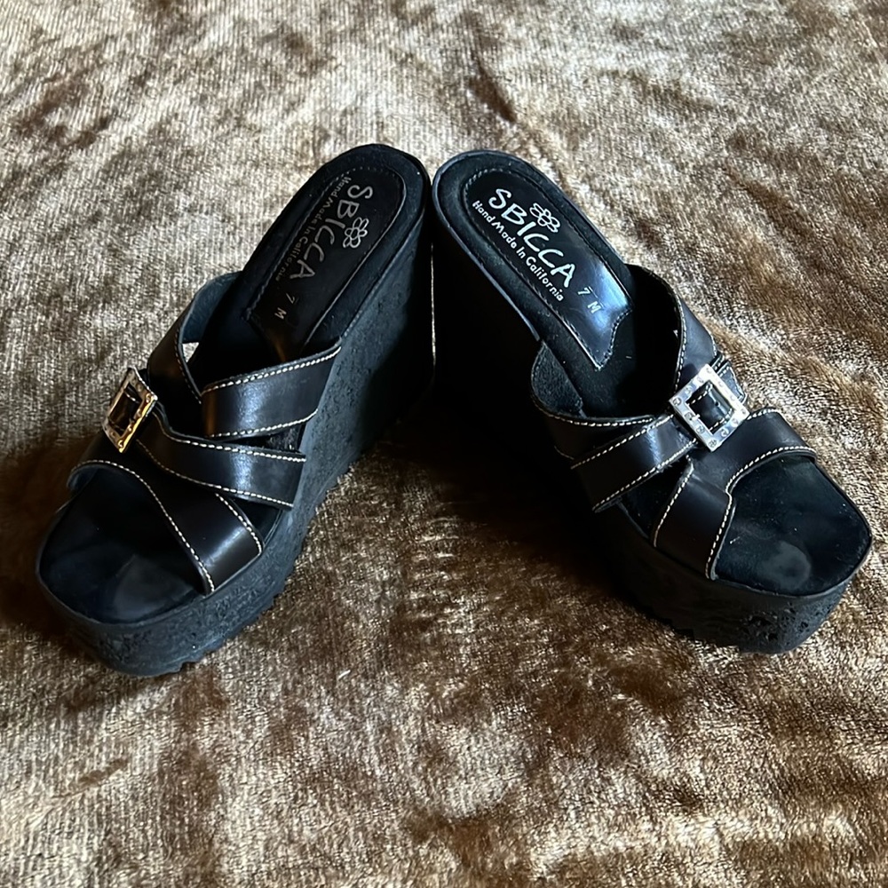 SBICCA black wedge sandal with zirconia diamond buckle